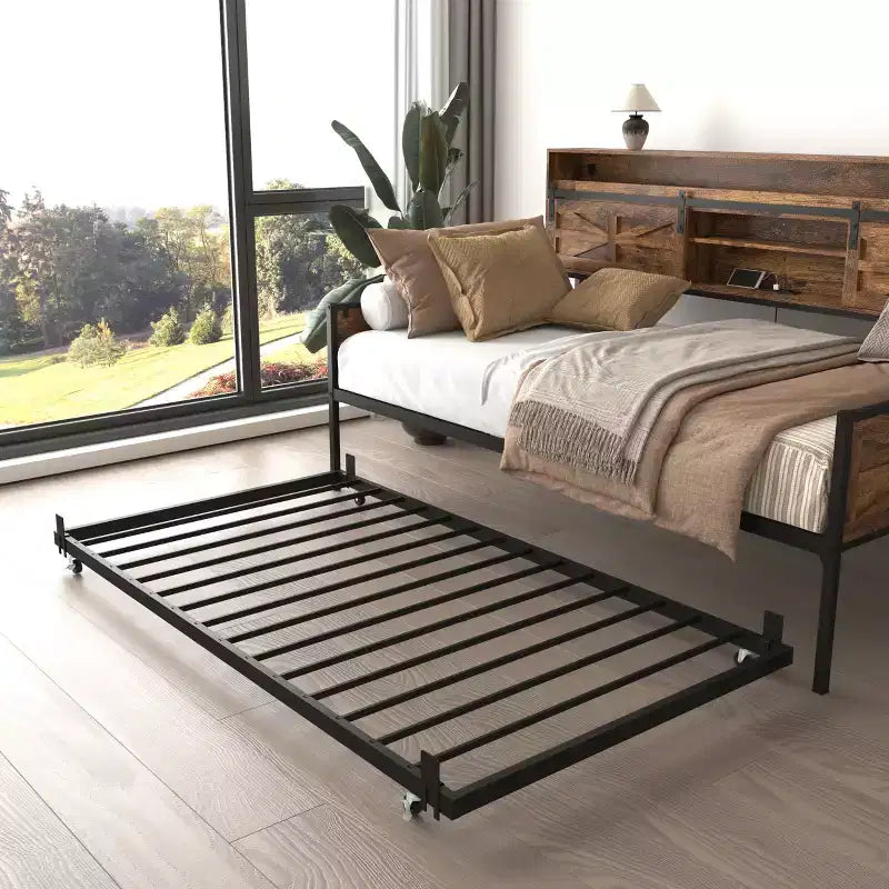 Twin Size Daybed with Trundle, Day Bed Frame with Storage Headboard, Heavy Duty Sofa Platform Bed, Space Saving Day Bed for Living Room Bedroom