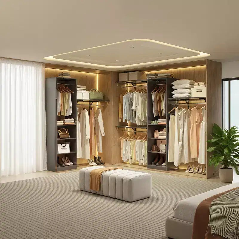 Organizzatore Armadio in Legno Grigio 96x16x75 per Carichi Pesanti - 4 Aste & 5 Ripiani, Adatto a Spazi di 1,5-3 m