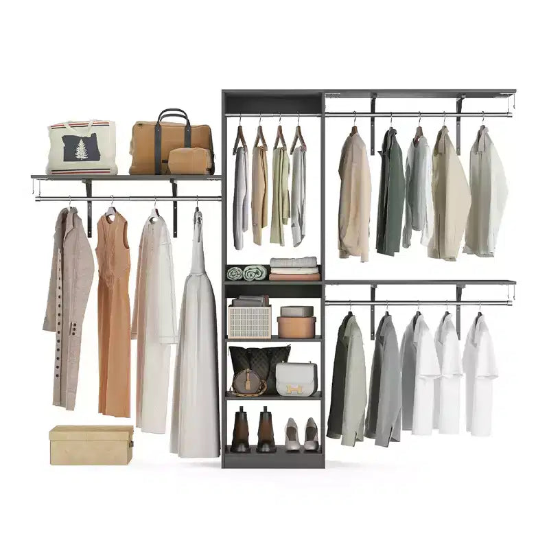 Organizzatore Armadio in Legno Grigio 96x16x75 per Carichi Pesanti - 4 Aste & 5 Ripiani, Adatto a Spazi di 1,5-3 m