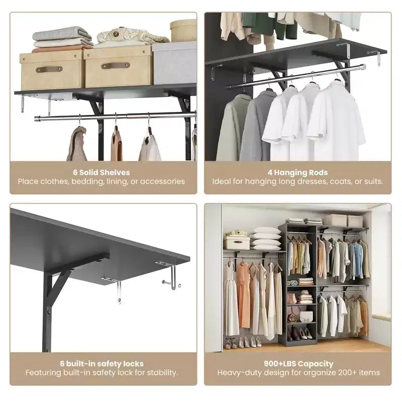 Organizzatore Armadio in Legno Grigio 96x16x75 per Carichi Pesanti - 4 Aste & 5 Ripiani, Adatto a Spazi di 1,5-3 m