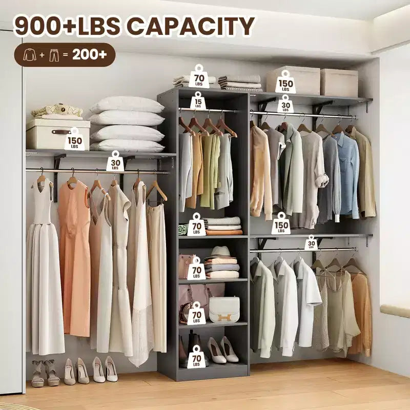 Organizzatore Armadio in Legno Grigio 96x16x75 per Carichi Pesanti - 4 Aste & 5 Ripiani, Adatto a Spazi di 1,5-3 m