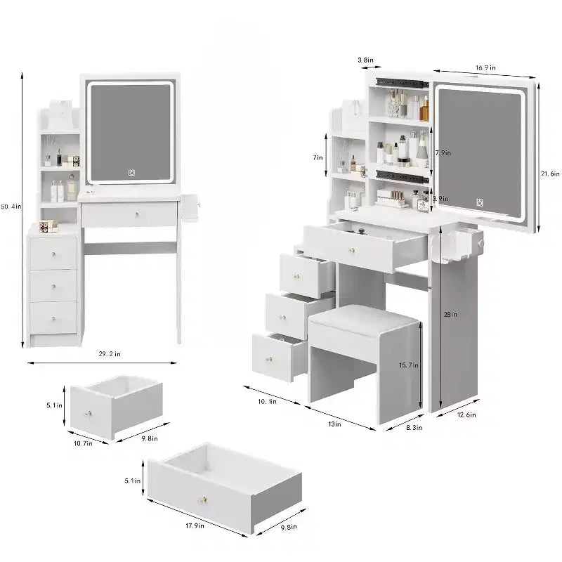 Okak 29.2 Vanity Table and Chair Set, Small Size Left Bedside Cabinet Vanity Table with Extra Large Touch Control Sliding LED Mirror, Black