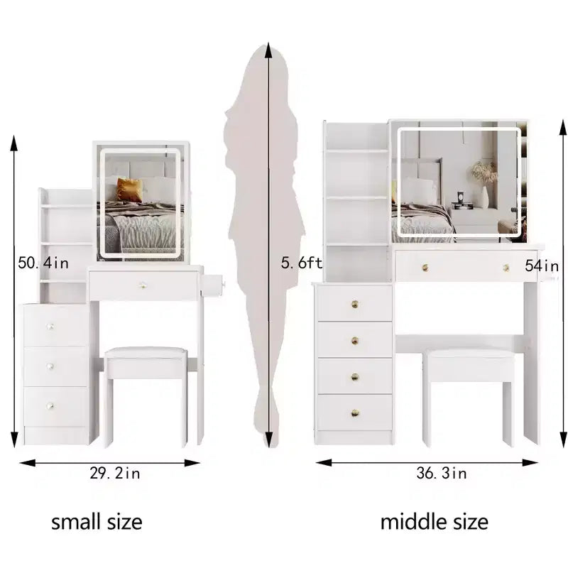 Okak 29.2 Vanity Table and Chair Set, Small Size Left Bedside Cabinet Vanity Table with Extra Large Touch Control Sliding LED Mirror, Black