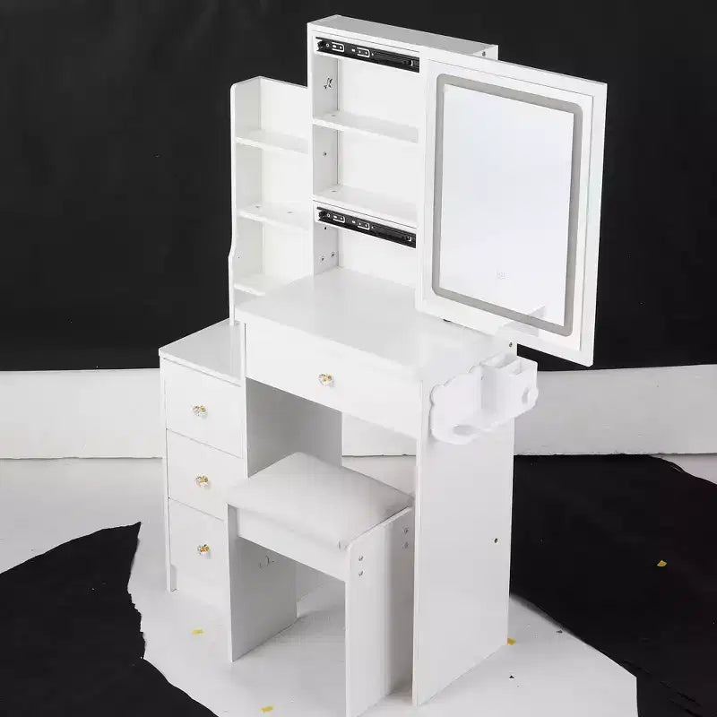 Okak 29.2 Vanity Table and Chair Set, Small Size Left Bedside Cabinet Vanity Table with Extra Large Touch Control Sliding LED Mirror, Black