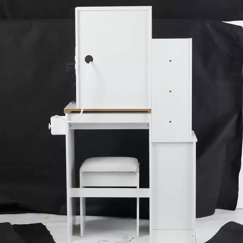Okak 29.2 Vanity Table and Chair Set, Small Size Left Bedside Cabinet Vanity Table with Extra Large Touch Control Sliding LED Mirror, Black