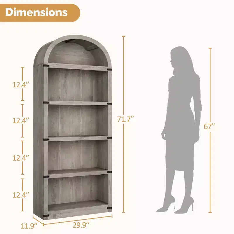 Bookcase 5 Shelf Arched Bookshelf 71.65in Tall Bookcase Farmhouse Display Storage Rack Wooden Bookshelves for Home Office, Living Room