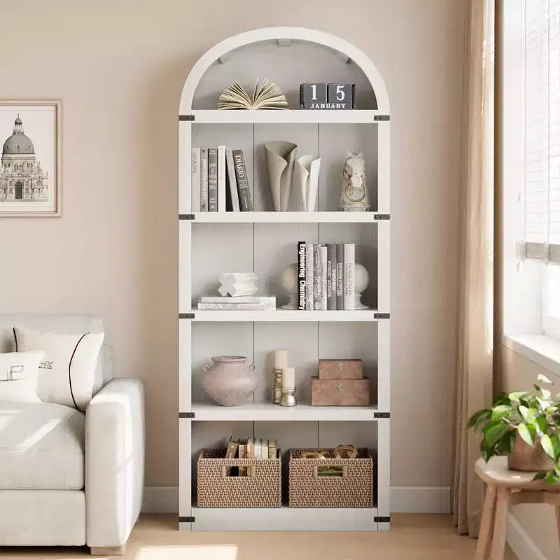 Bookcase 5 Shelf Arched Bookshelf 71.65in Tall Bookcase Farmhouse Display Storage Rack Wooden Bookshelves for Home Office, Living Room