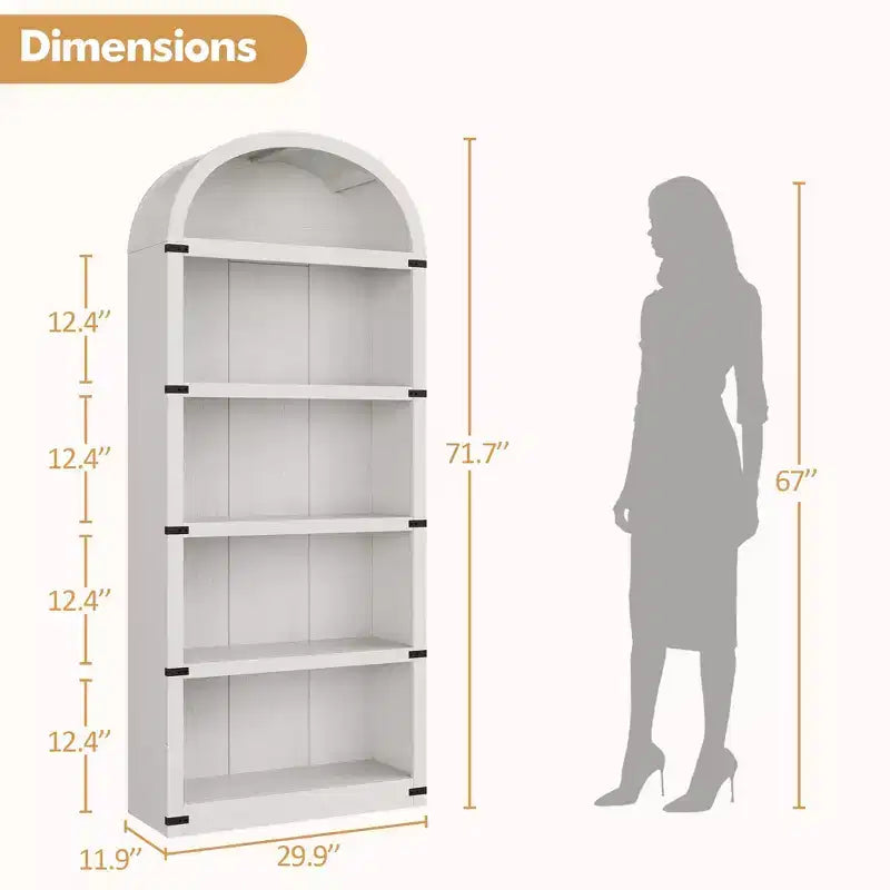 Bookcase 5 Shelf Arched Bookshelf 71.65in Tall Bookcase Farmhouse Display Storage Rack Wooden Bookshelves for Home Office, Living Room