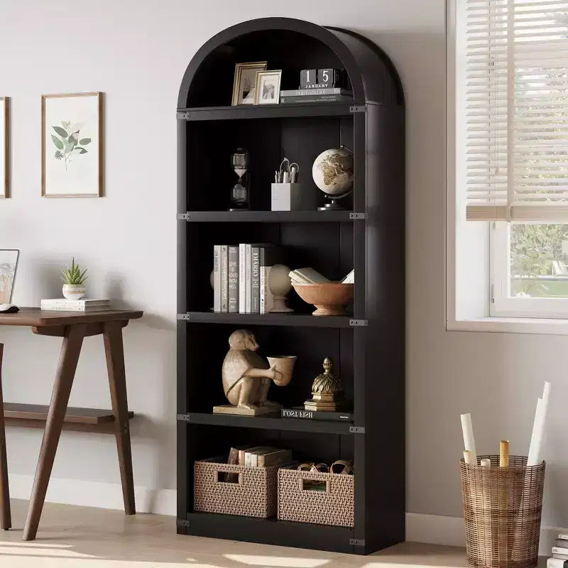 Bookcase 5 Shelf Arched Bookshelf 71.65in Tall Bookcase Farmhouse Display Storage Rack Wooden Bookshelves for Home Office, Living Room