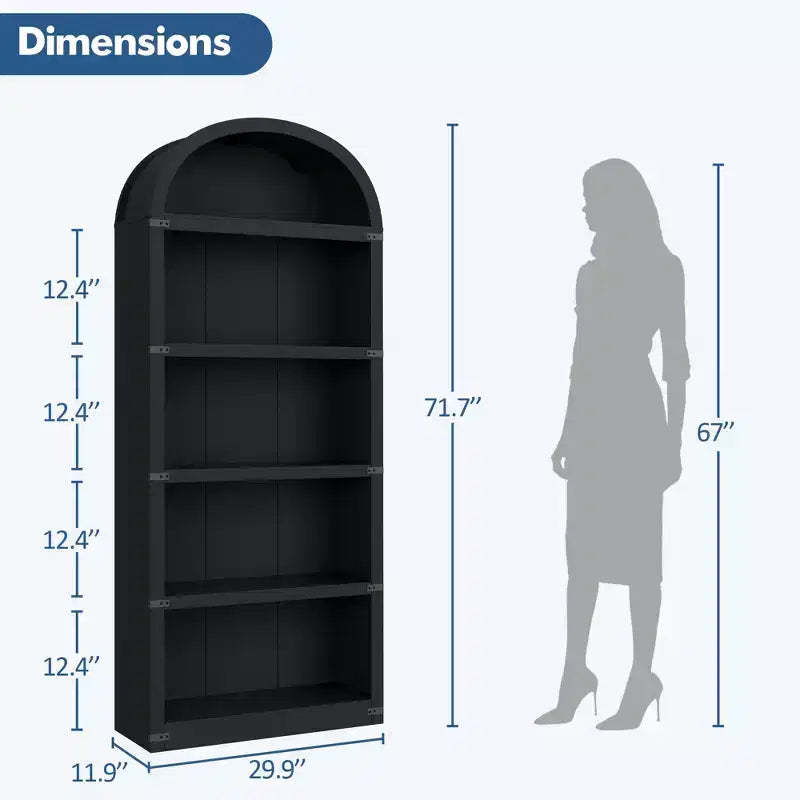 Bookcase 5 Shelf Arched Bookshelf 71.65in Tall Bookcase Farmhouse Display Storage Rack Wooden Bookshelves for Home Office, Living Room