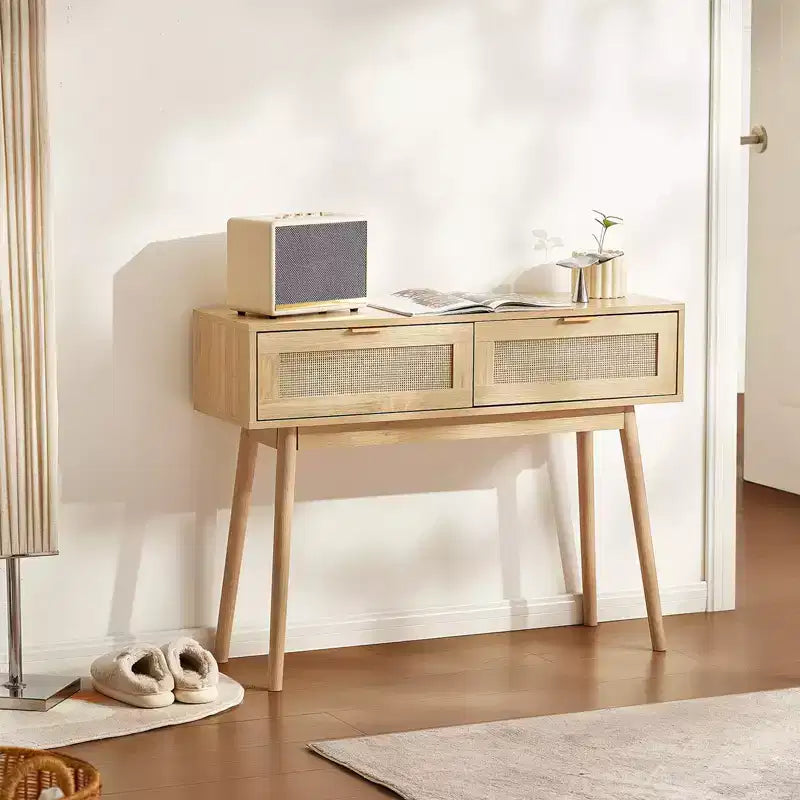 VEVOR Rattan Console Table with 2 Storage Drawers, Rattan Entryway Table with Natural Rattan Sliding Door, Console Sofa Table, Natural