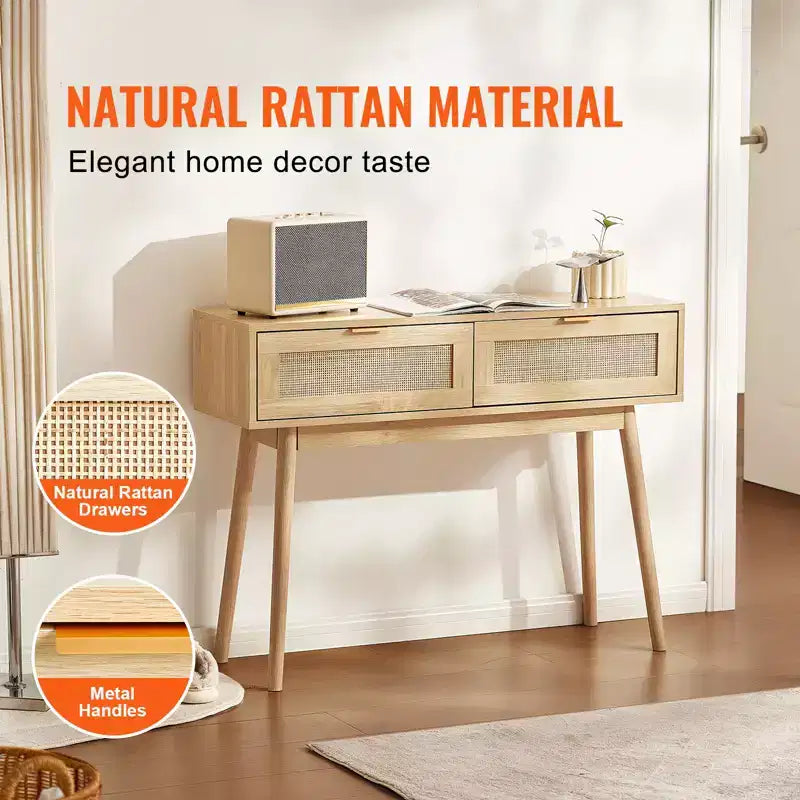 VEVOR Rattan Console Table with 2 Storage Drawers, Rattan Entryway Table with Natural Rattan Sliding Door, Console Sofa Table, Natural