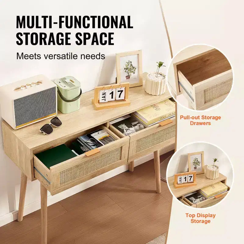 VEVOR Rattan Console Table with 2 Storage Drawers, Rattan Entryway Table with Natural Rattan Sliding Door, Console Sofa Table, Natural