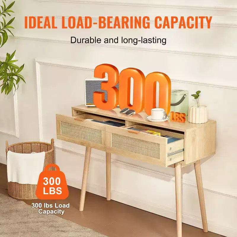 VEVOR Rattan Console Table with 2 Storage Drawers, Rattan Entryway Table with Natural Rattan Sliding Door, Console Sofa Table, Natural