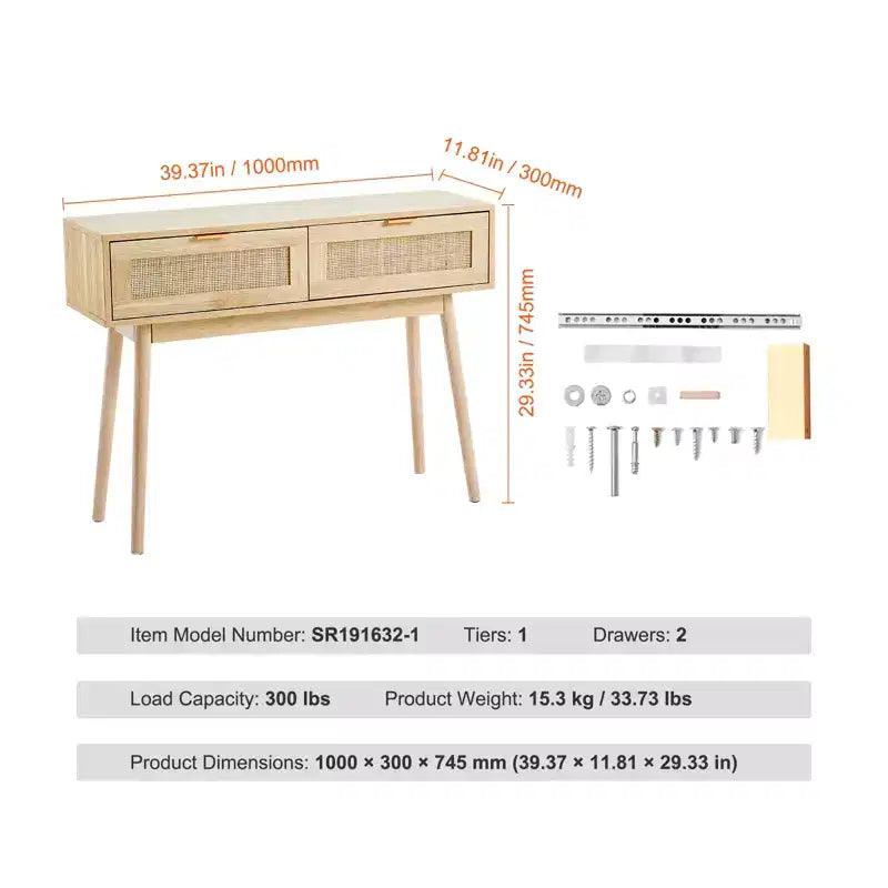 VEVOR Rattan Console Table with 2 Storage Drawers, Rattan Entryway Table with Natural Rattan Sliding Door, Console Sofa Table, Natural