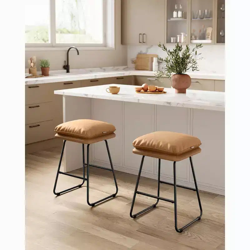 Set of 2 Modern Counter Height Bar Stools, Faux Leather Upholstery with Soft Cushion & Metal Sled Base, 25.6 Inch