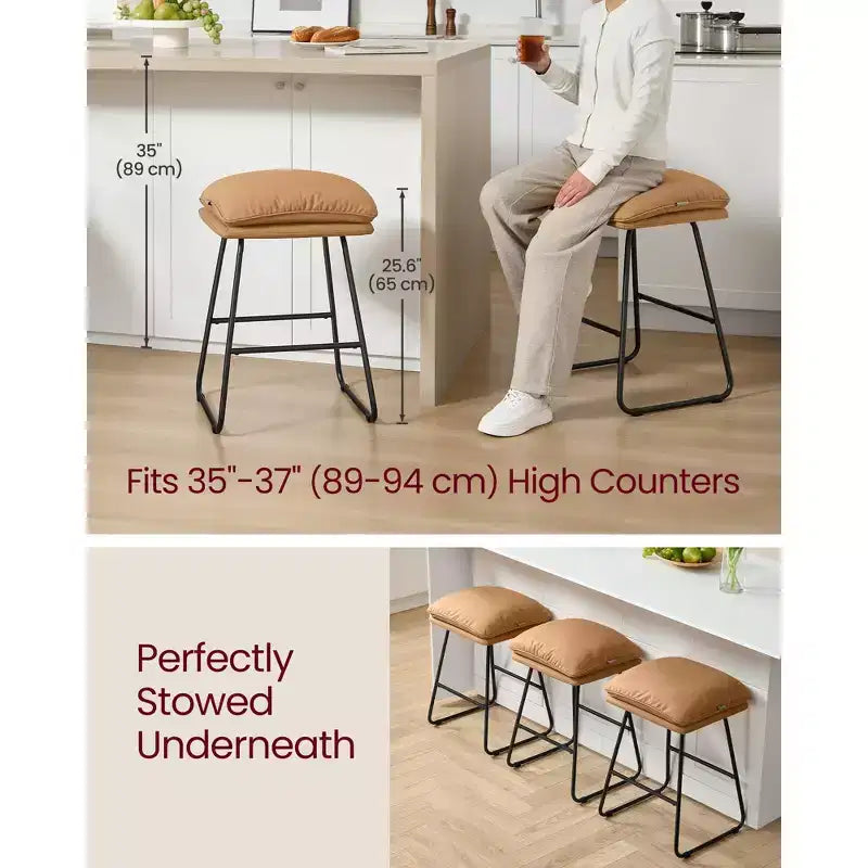 Set of 2 Modern Counter Height Bar Stools, Faux Leather Upholstery with Soft Cushion & Metal Sled Base, 25.6 Inch