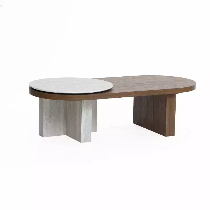 LuxenHome Travertine-Style and Walnut Finish MDF Wood Oval Coffee Table Brown