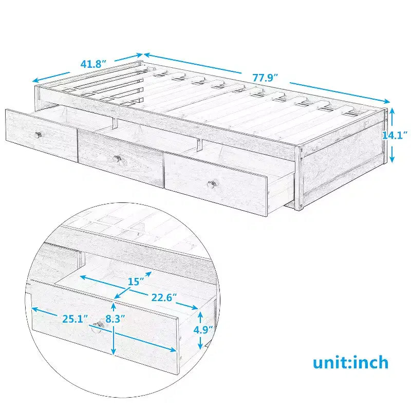 Whisen Twin Size Platform Bed with 3 Drawers