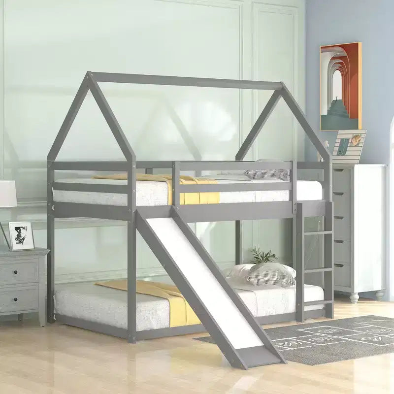 Whisen Twin Size Bunk House Bed with Slide and Ladder