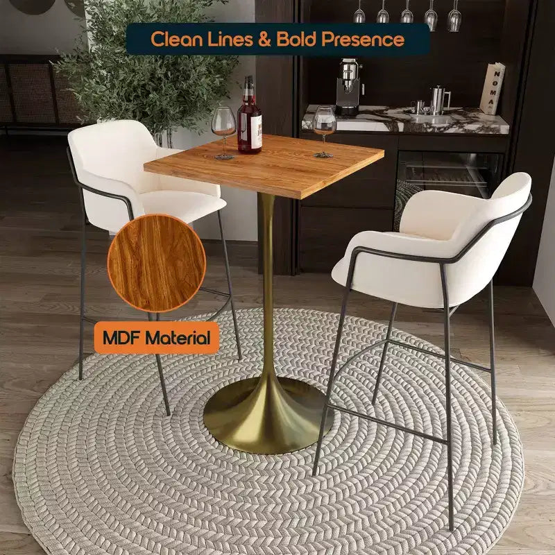 LeisureMod Verve 24 Sqaure Bar Height Dining Table - Modern MDF Top with Brushed Gold Pedestal Base Counter Height Table for Kitchen, Home, and Pub