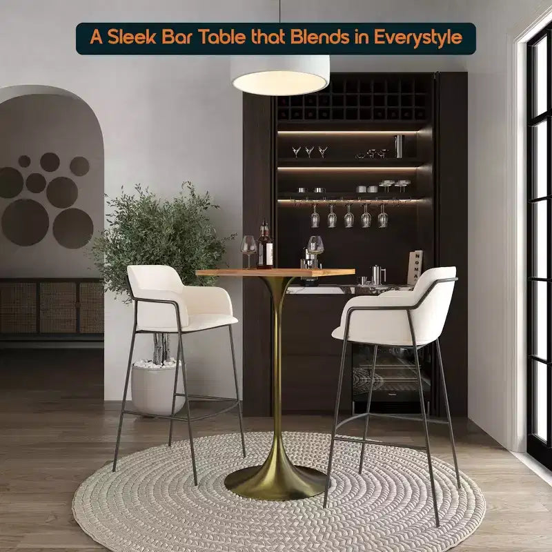 LeisureMod Verve 24 Sqaure Bar Height Dining Table - Modern MDF Top with Brushed Gold Pedestal Base Counter Height Table for Kitchen, Home, and Pub