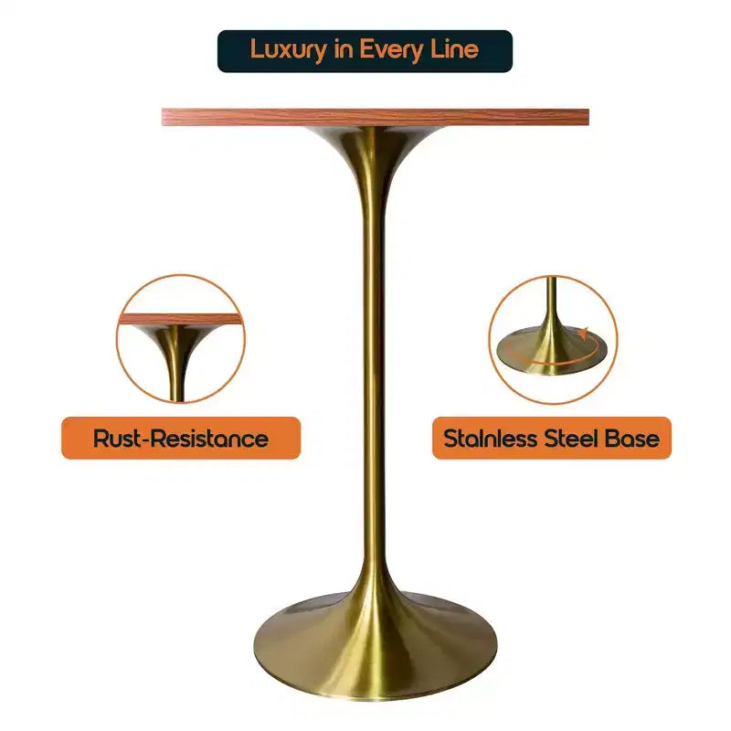 LeisureMod Verve 24 Sqaure Bar Height Dining Table - Modern MDF Top with Brushed Gold Pedestal Base Counter Height Table for Kitchen, Home, and Pub