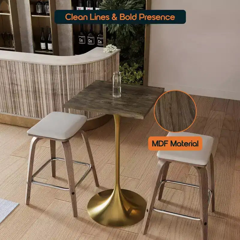 LeisureMod Verve 24 Sqaure Bar Height Dining Table - Modern MDF Top with Brushed Gold Pedestal Base Counter Height Table for Kitchen, Home, and Pub