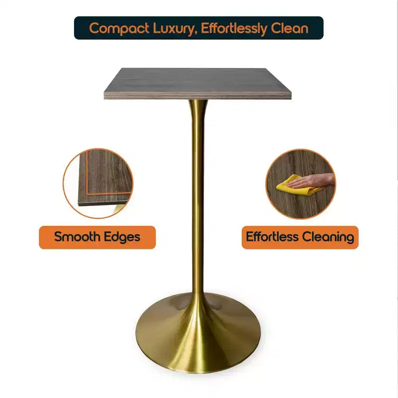 LeisureMod Verve 24 Sqaure Bar Height Dining Table - Modern MDF Top with Brushed Gold Pedestal Base Counter Height Table for Kitchen, Home, and Pub