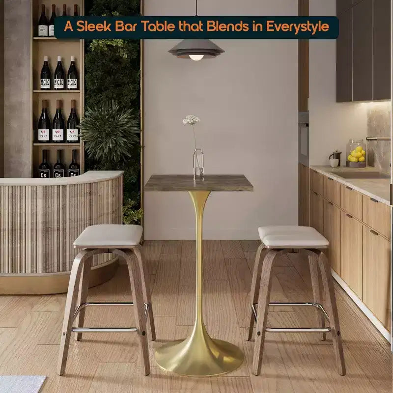 LeisureMod Verve 24 Sqaure Bar Height Dining Table - Modern MDF Top with Brushed Gold Pedestal Base Counter Height Table for Kitchen, Home, and Pub