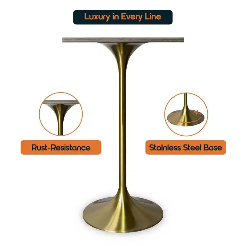 LeisureMod Verve 24 Sqaure Bar Height Dining Table - Modern MDF Top with Brushed Gold Pedestal Base Counter Height Table for Kitchen, Home, and Pub