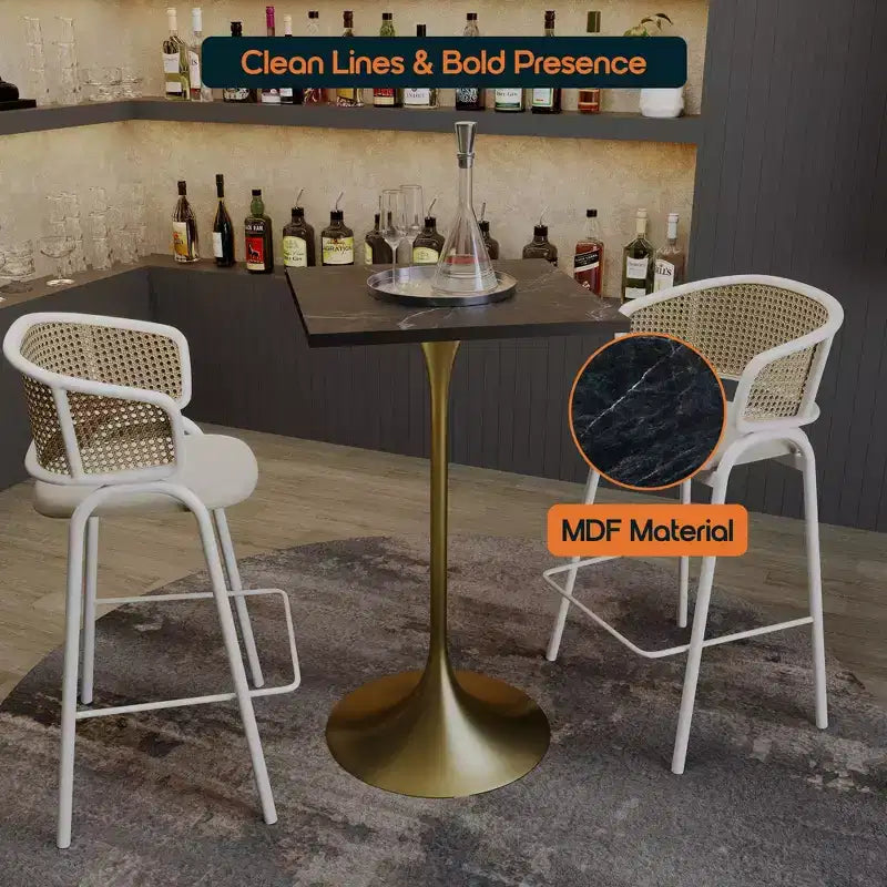 LeisureMod Verve 24 Sqaure Bar Height Dining Table - Modern MDF Top with Brushed Gold Pedestal Base Counter Height Table for Kitchen, Home, and Pub