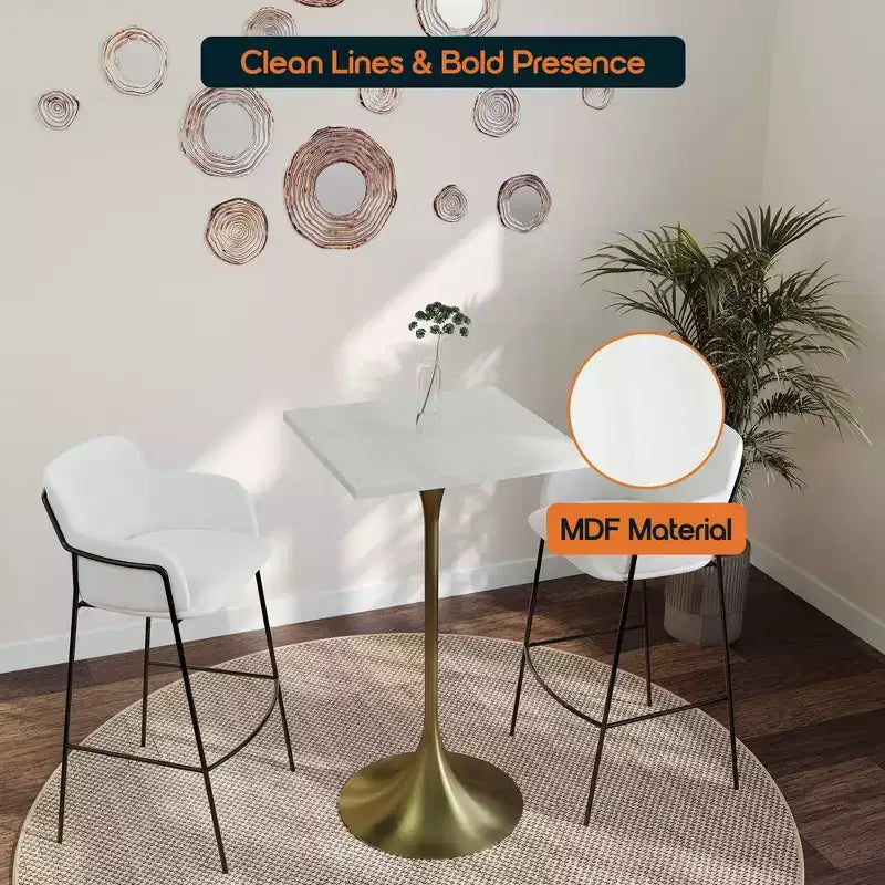 LeisureMod Verve 24 Sqaure Bar Height Dining Table - Modern MDF Top with Brushed Gold Pedestal Base Counter Height Table for Kitchen, Home, and Pub