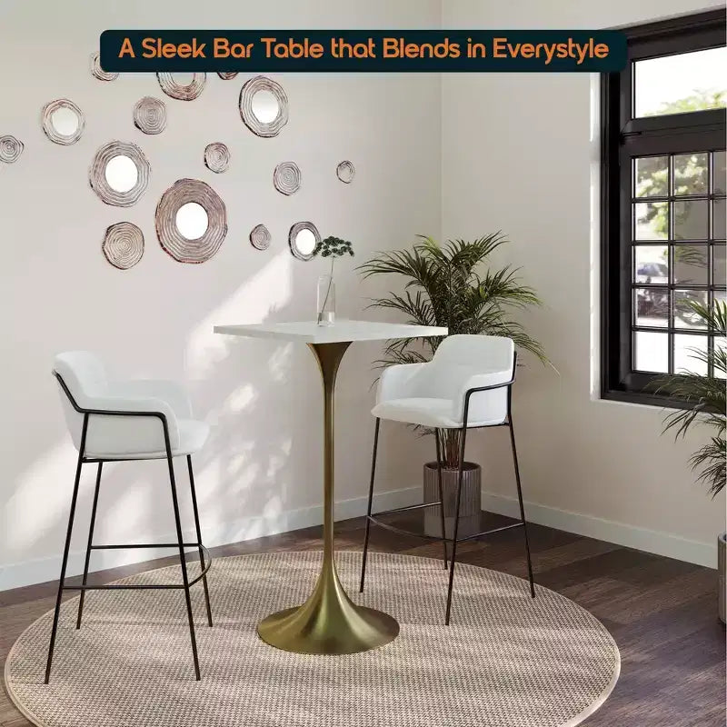 LeisureMod Verve 24 Sqaure Bar Height Dining Table - Modern MDF Top with Brushed Gold Pedestal Base Counter Height Table for Kitchen, Home, and Pub