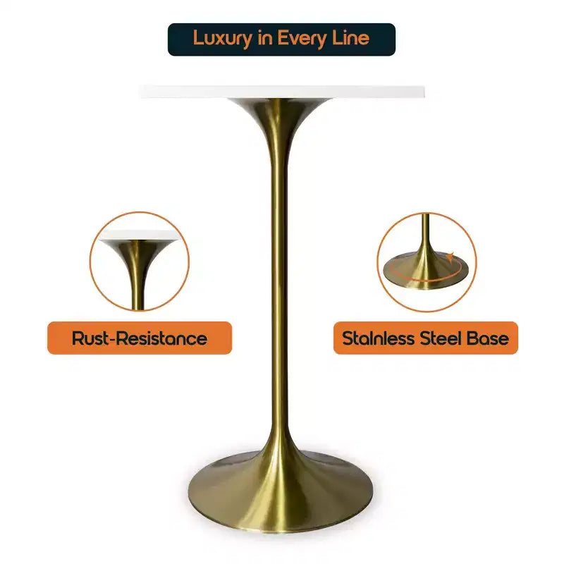 LeisureMod Verve 24 Sqaure Bar Height Dining Table - Modern MDF Top with Brushed Gold Pedestal Base Counter Height Table for Kitchen, Home, and Pub