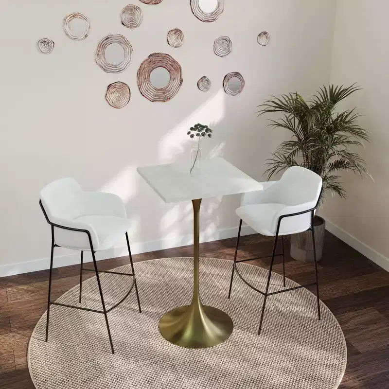 LeisureMod Verve 24 Sqaure Bar Height Dining Table - Modern MDF Top with Brushed Gold Pedestal Base Counter Height Table for Kitchen, Home, and Pub