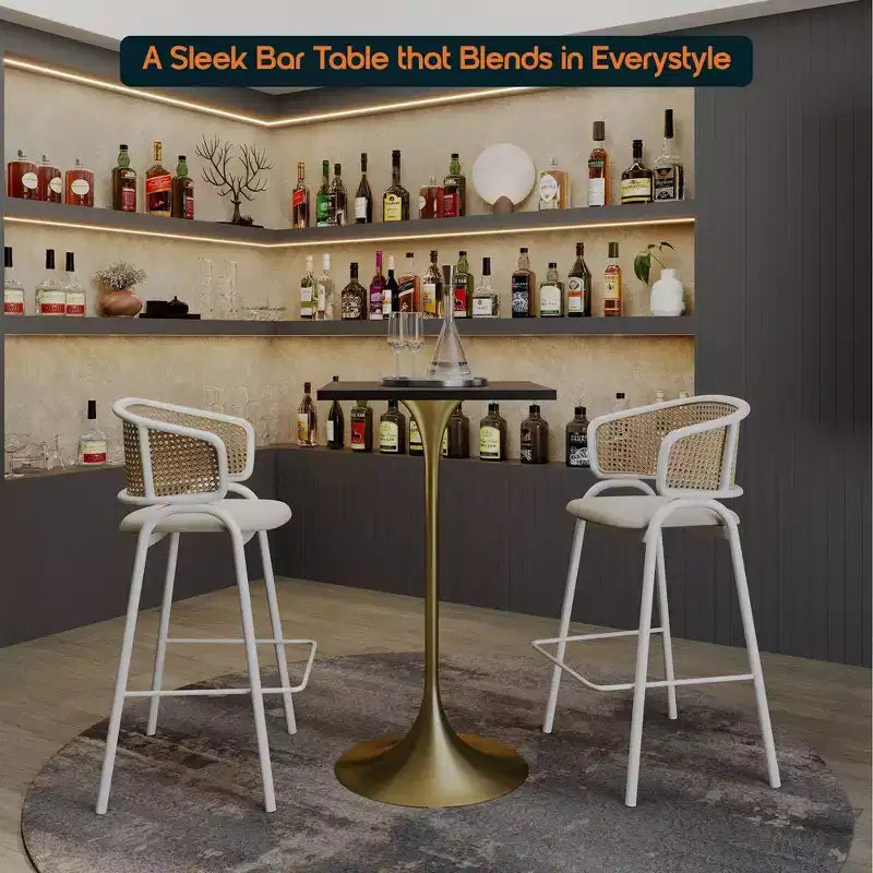 LeisureMod Verve 24 Sqaure Bar Height Dining Table - Modern MDF Top with Brushed Gold Pedestal Base Counter Height Table for Kitchen, Home, and Pub
