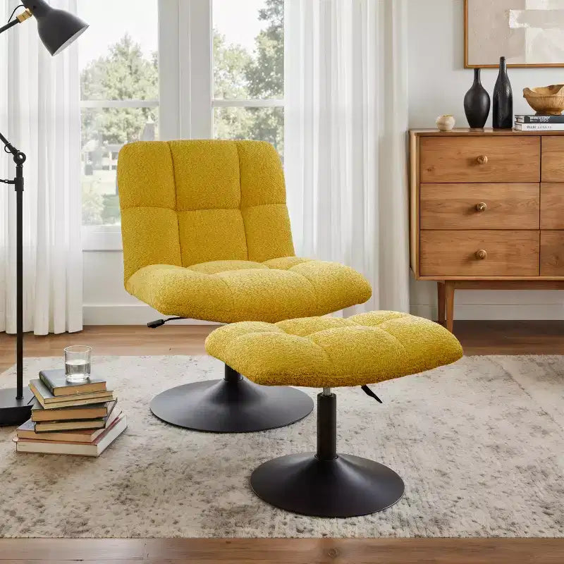 Art Leon Leisure Linen Fabric Swivel Accent Chair with Ottoman, Wood and Metal Frame