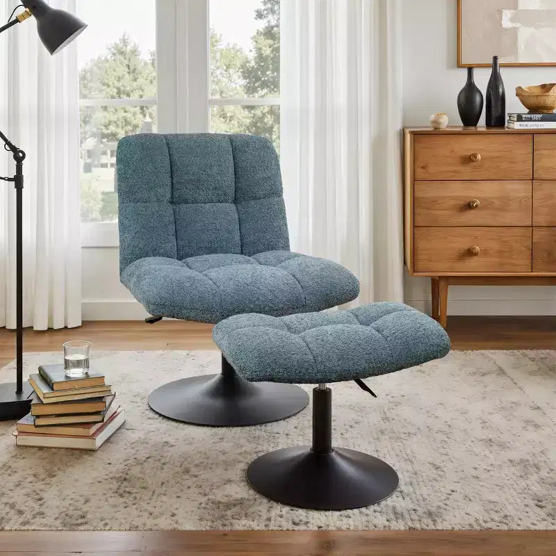 Art Leon Leisure Linen Fabric Swivel Accent Chair with Ottoman, Wood and Metal Frame