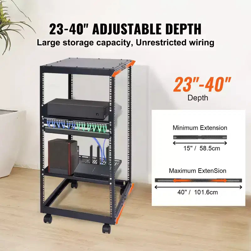 VEVOR 20U Server Cabinet, Open Structure Network Housing, Wall-Mountable with 2 Perforated Shelves & 4 Wheels, Depth Adjustable 23''-40''