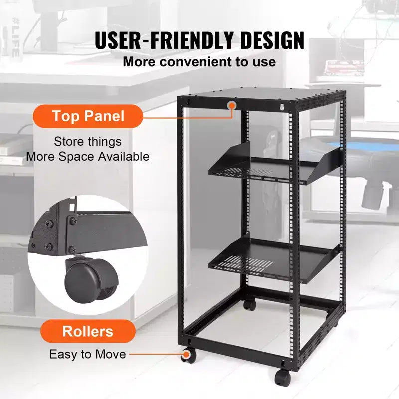 VEVOR 20U Server Cabinet, Open Structure Network Housing, Wall-Mountable with 2 Perforated Shelves & 4 Wheels, Depth Adjustable 23''-40''