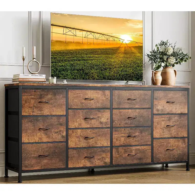 63 Extra-Wide TV Stand Dresser with 14 Fabric Drawers & Built-in Power/USB  Entertainment Center for 65-75 TVs, Bedroom Storage Organizer