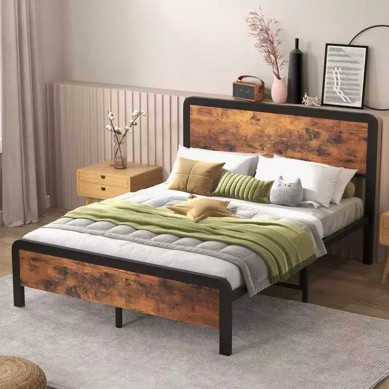 Cadre de lit avec tête de lit en bois, sommier plateforme en métal avec coins arrondis, 12 espaces de rangement dessous