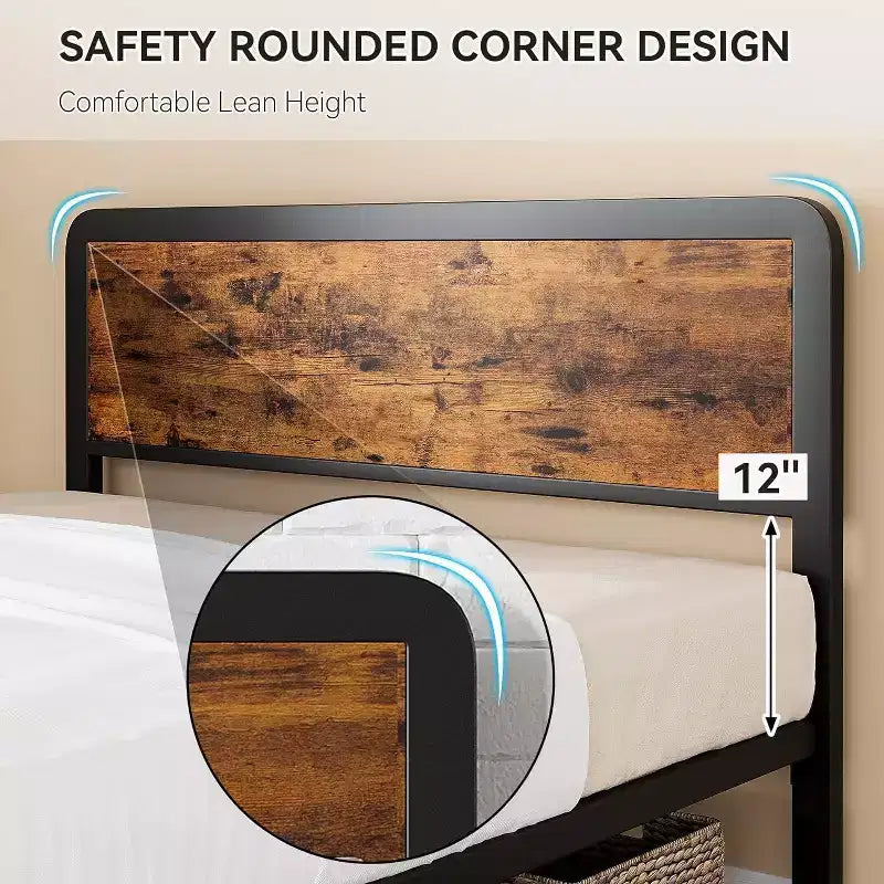 Cadre de lit avec tête de lit en bois, sommier plateforme en métal avec coins arrondis, 12 espaces de rangement dessous