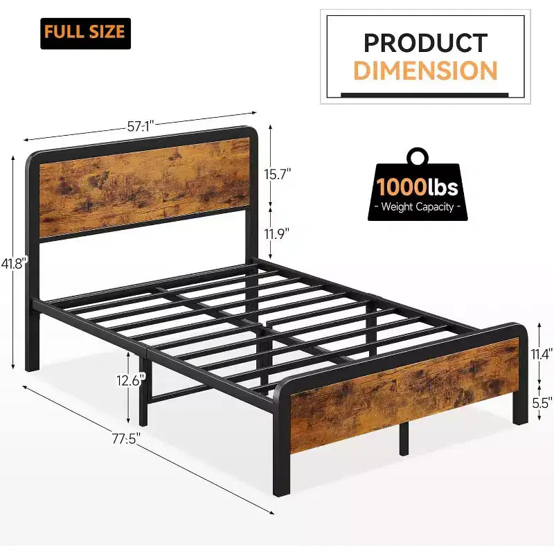 Cadre de lit avec tête de lit en bois, sommier plateforme en métal avec coins arrondis, 12 espaces de rangement dessous