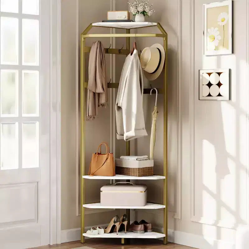 Garvee Corner Coat Rack With Shoe Bench Entryway, Corner Hall Tree With 6 Double Hooks, Clothes Rack With Storage Hall Tree