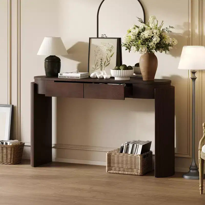 MAYEERTY Table console avec finition grain de bois naturel, motif cannelé, plateau ovale et 2 tiroirs pour entrée et salon, Expresso