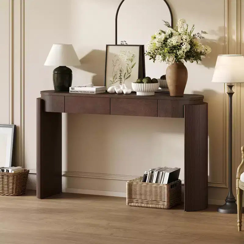 MAYEERTY Table console avec finition grain de bois naturel, motif cannelé, plateau ovale et 2 tiroirs pour entrée et salon, Expresso