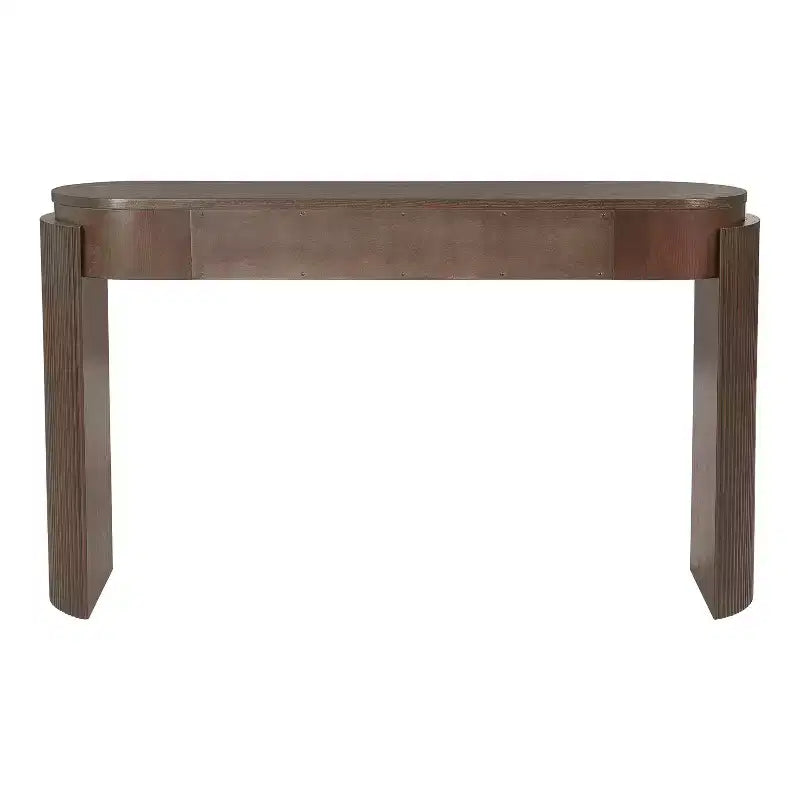 MAYEERTY Table console avec finition grain de bois naturel, motif cannelé, plateau ovale et 2 tiroirs pour entrée et salon, Expresso