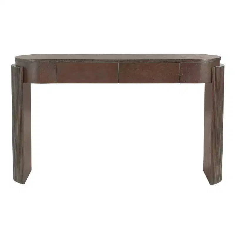 MAYEERTY Table console avec finition grain de bois naturel, motif cannelé, plateau ovale et 2 tiroirs pour entrée et salon, Expresso